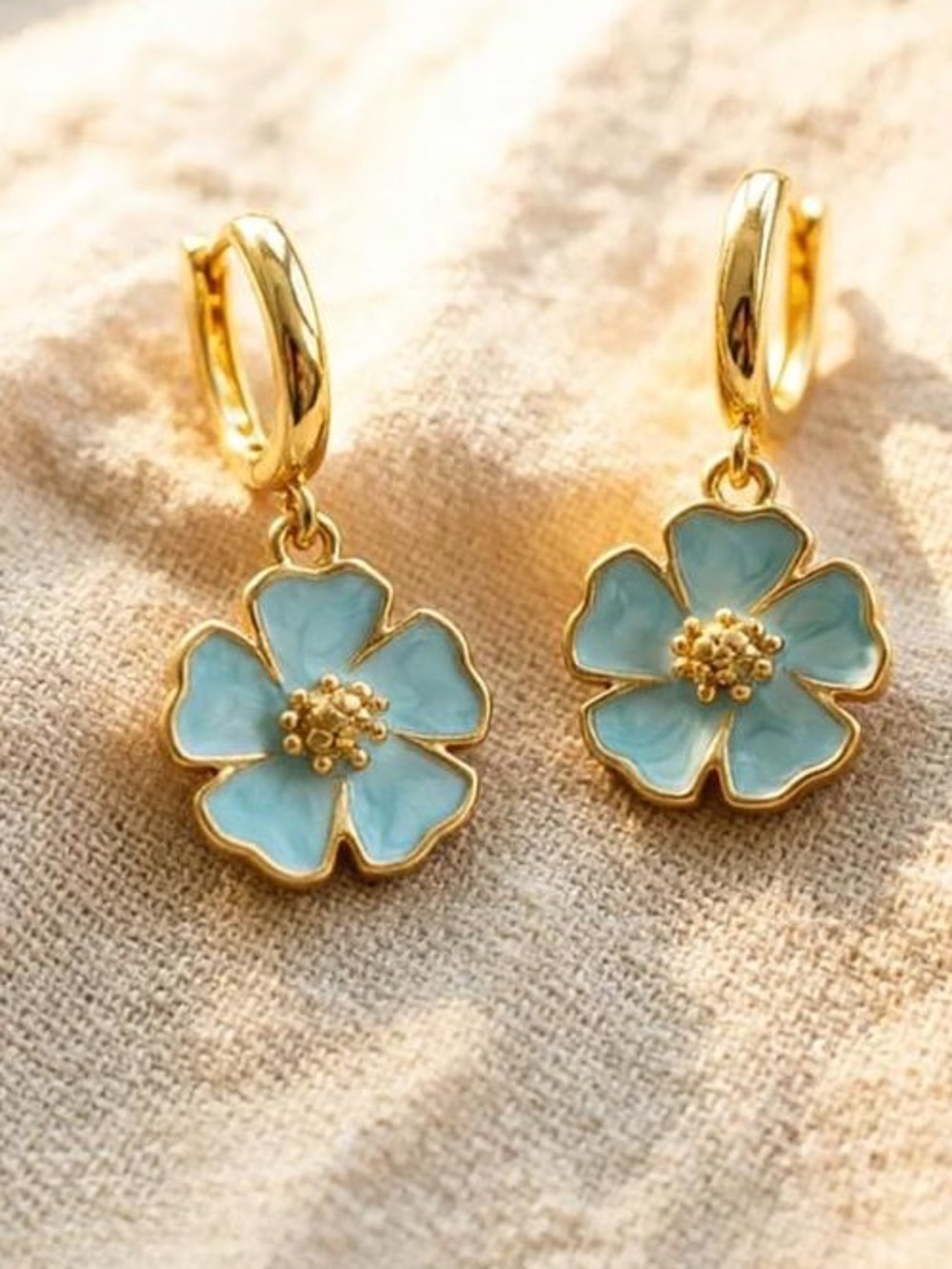 Anthropologie Gold Hoop Earrings with Light Blue Enamel Flower Charms